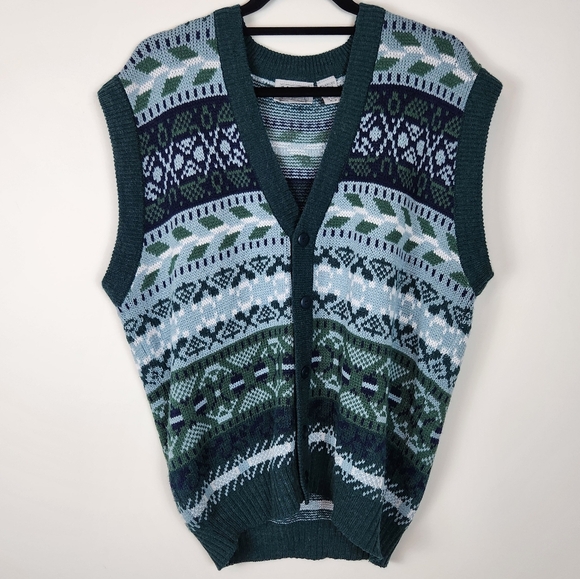 Estate Vintage 90s Sweater Vest Button Front Cardigan Geometric Print Size M - Picture 2 of 11
